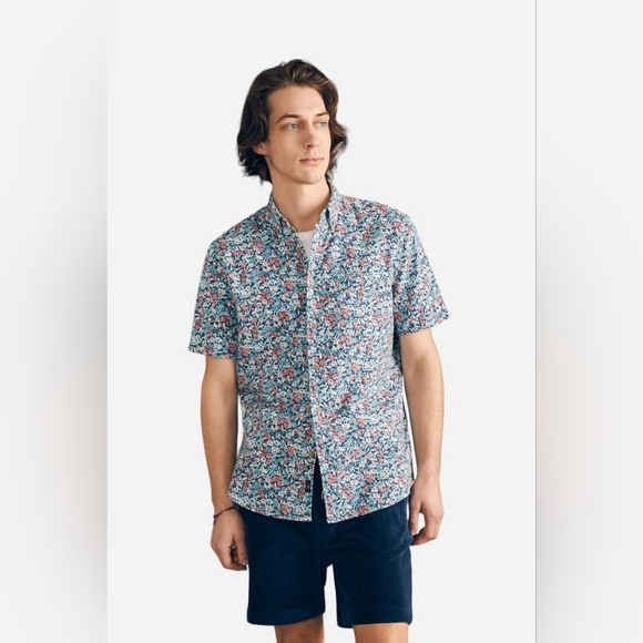 💘Faherty Short-Sleeve Breeze Shirt Linen Blend in Seafoam Beach Blossom Size XL - Picture 2 of 10